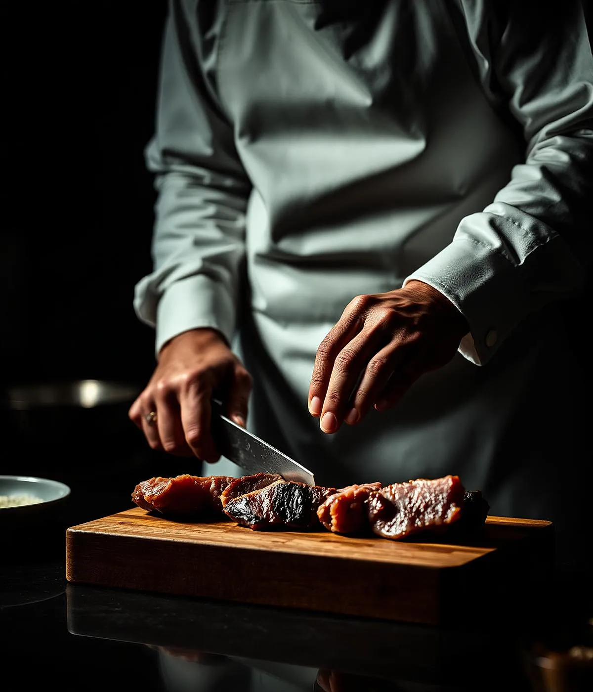 Boucher préparant une pièce de viande dans notre atelier